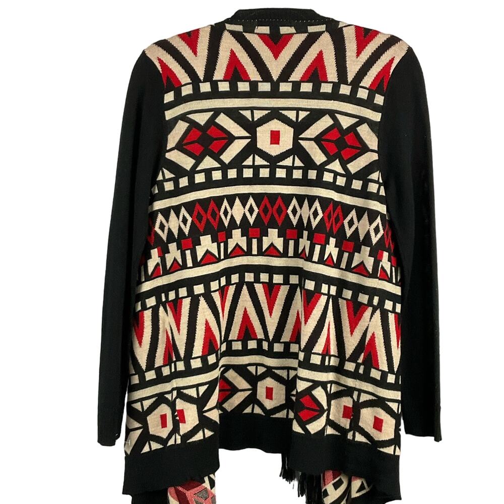 JEALOUS TOMATO Tribal Cardigan Sweater  Fringe Southwestern Aztec Black sz L Art - Picture 3 of 11